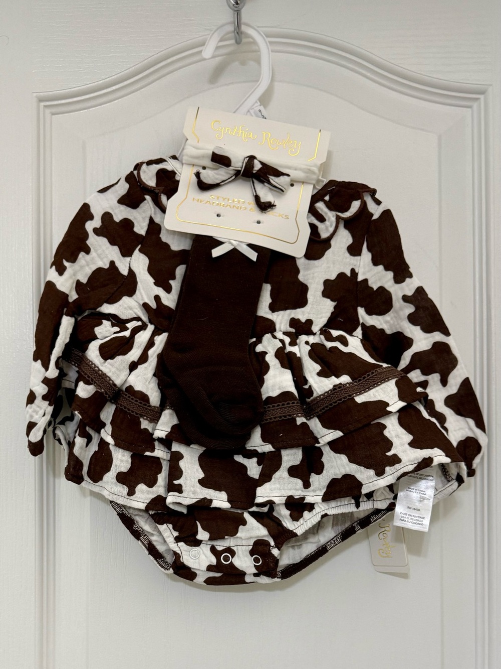 Cynthia Rowley Brown and White Cowprint Baby Bubble with Brown Socks